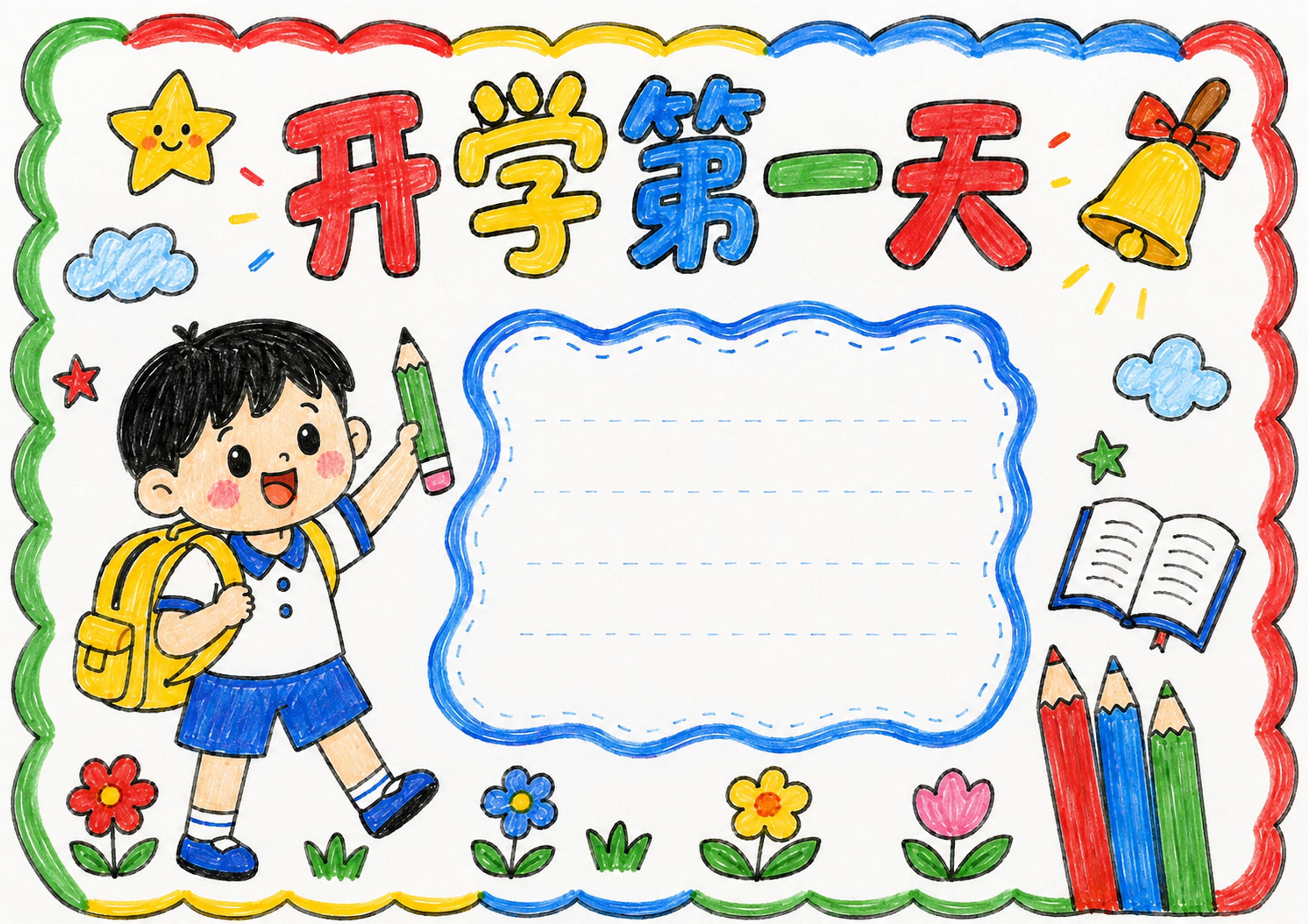 开学第一天｜男生版手抄报彩图无字