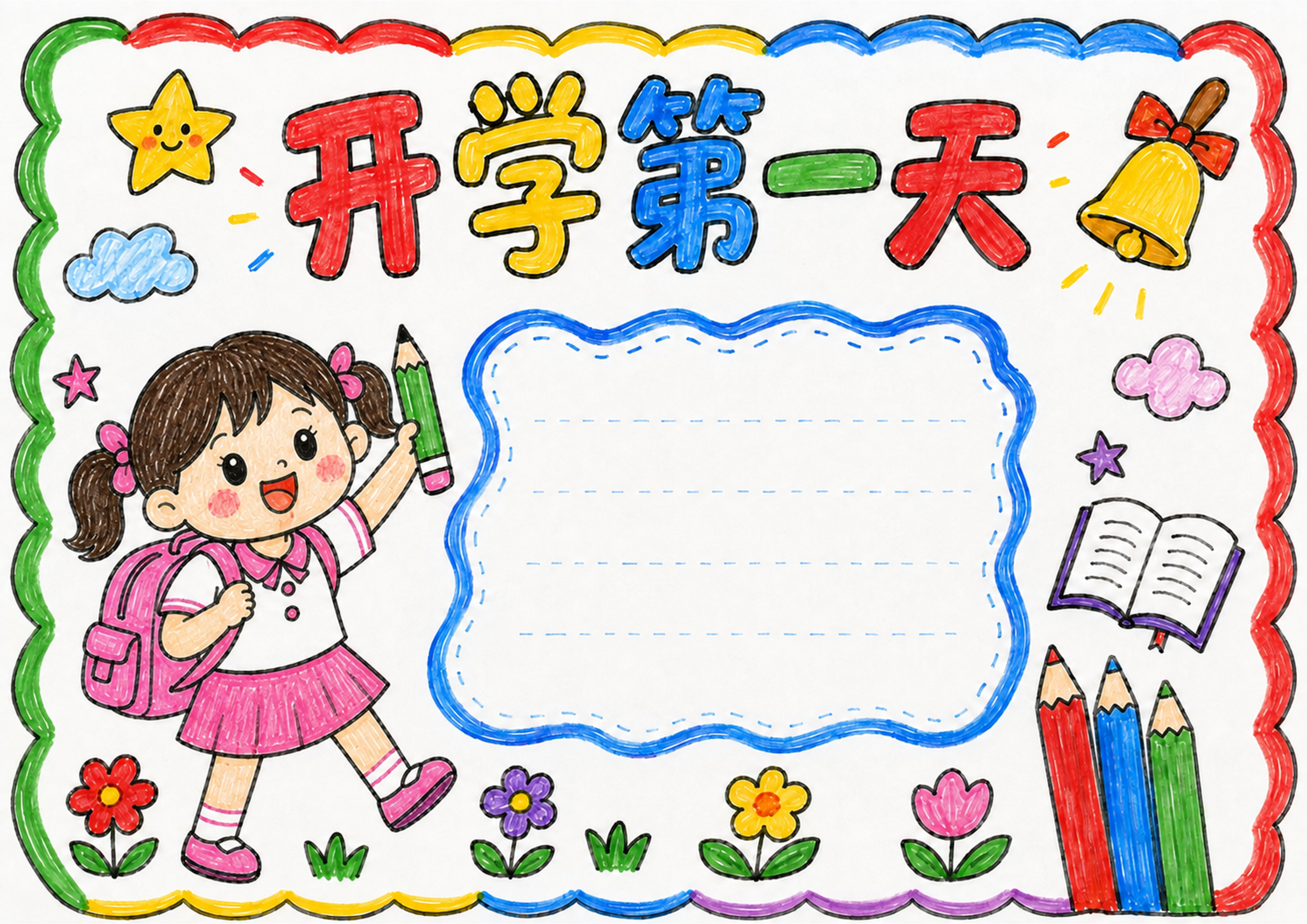 开学第一天｜女生版手抄报彩图无字