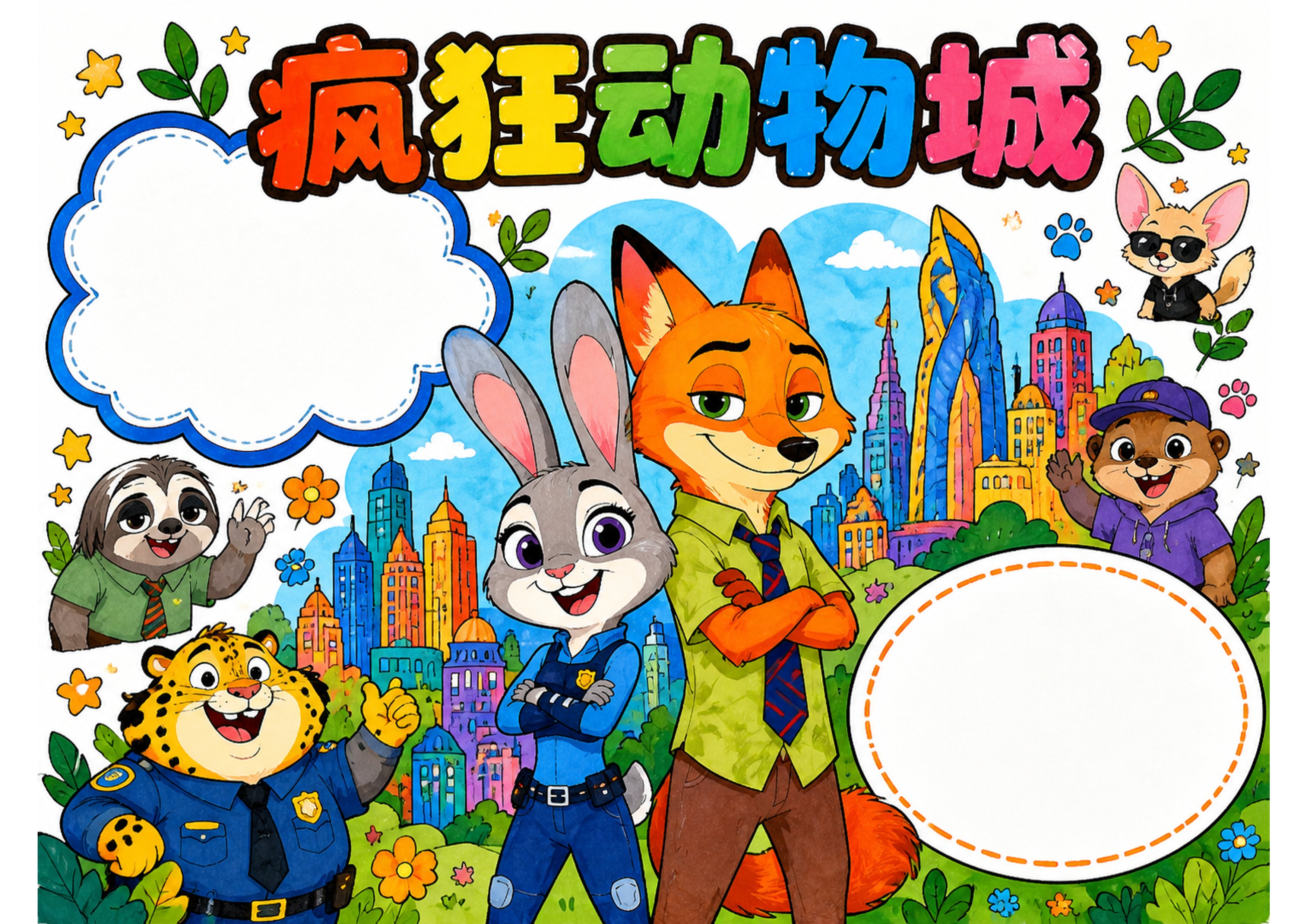 疯狂动物城主题手抄报手抄报彩图无字