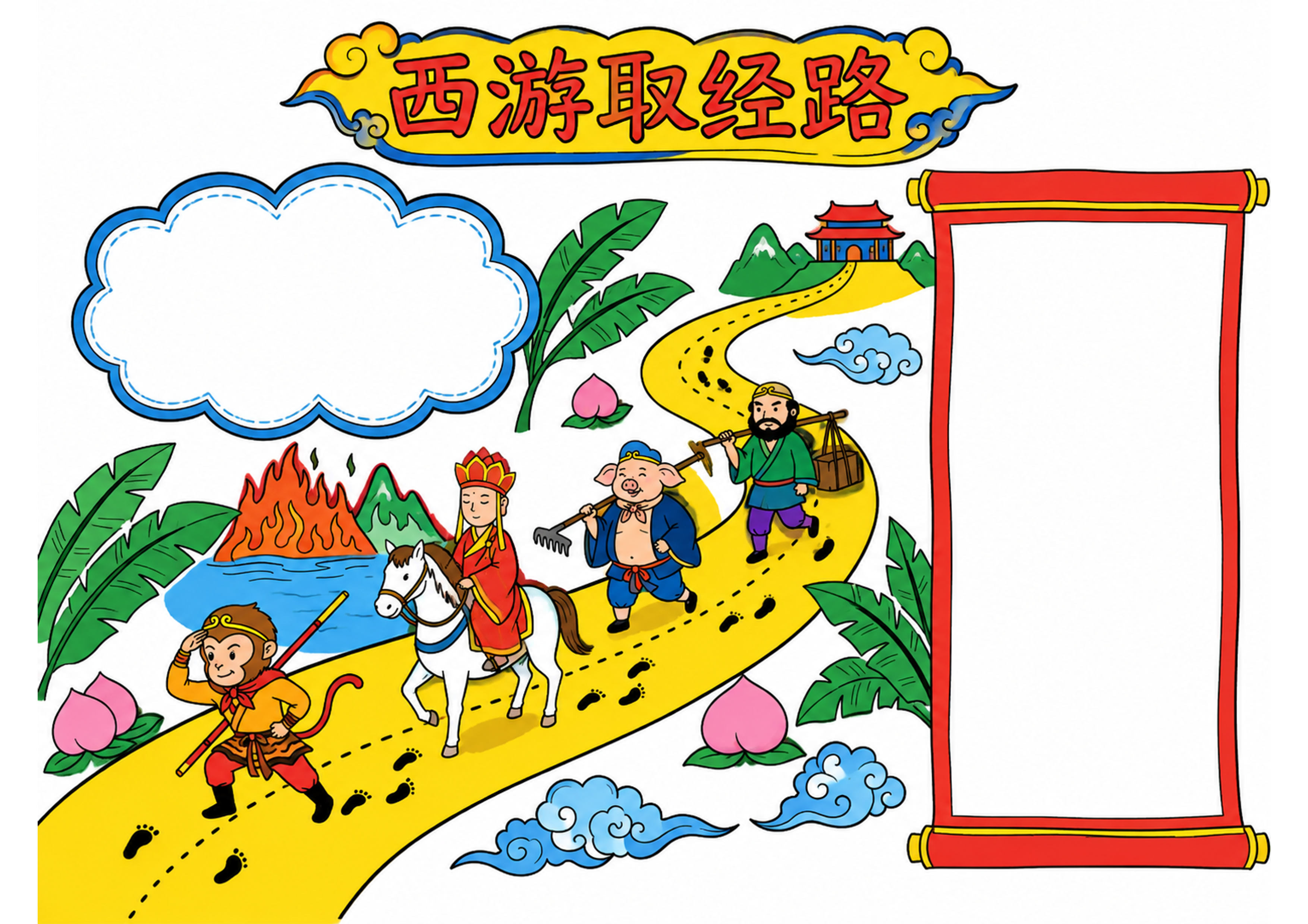 西游记取经路线图 | 小学语文名著阅读手抄报手抄报彩图无字