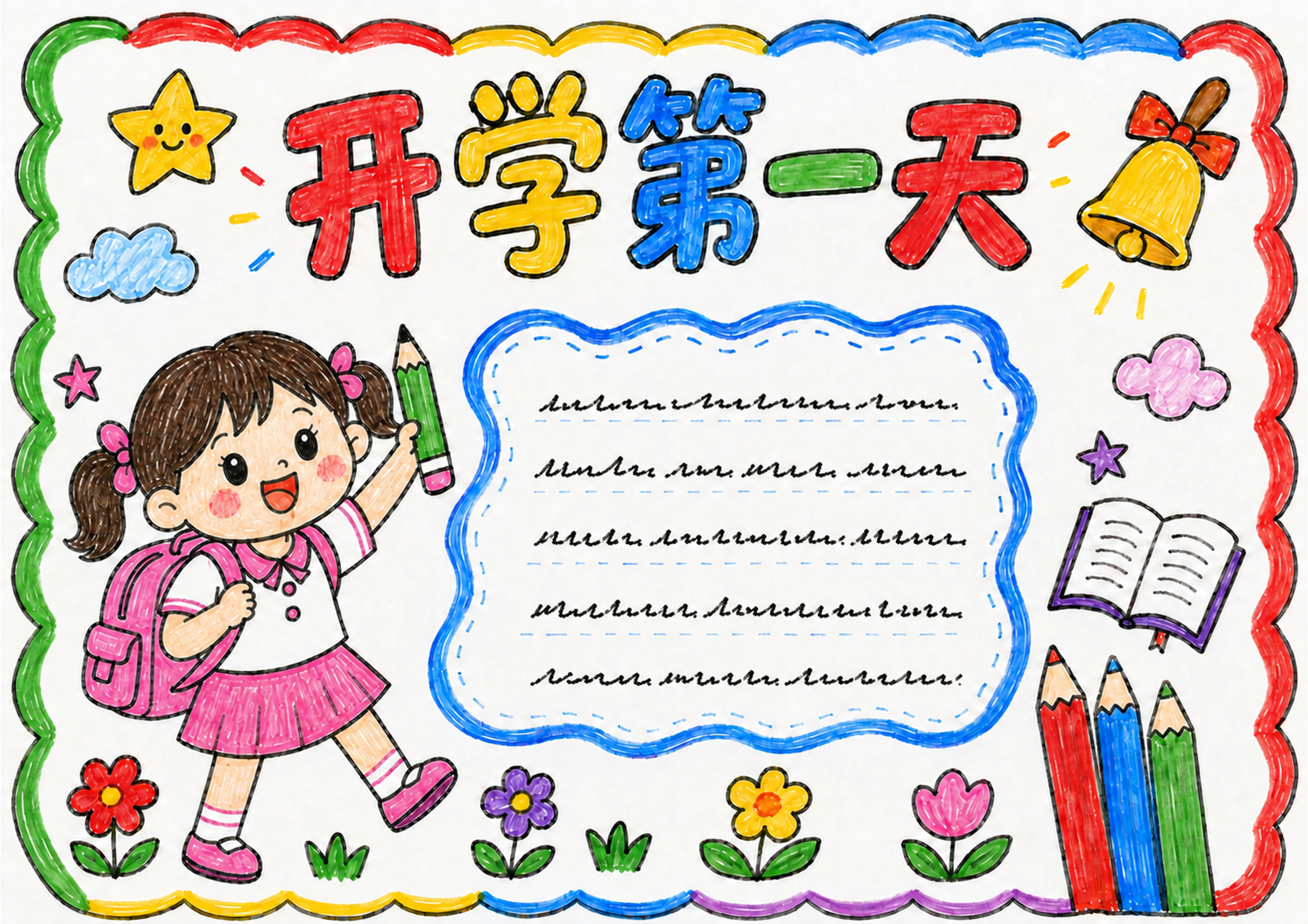 开学第一天｜女生版手抄报图片