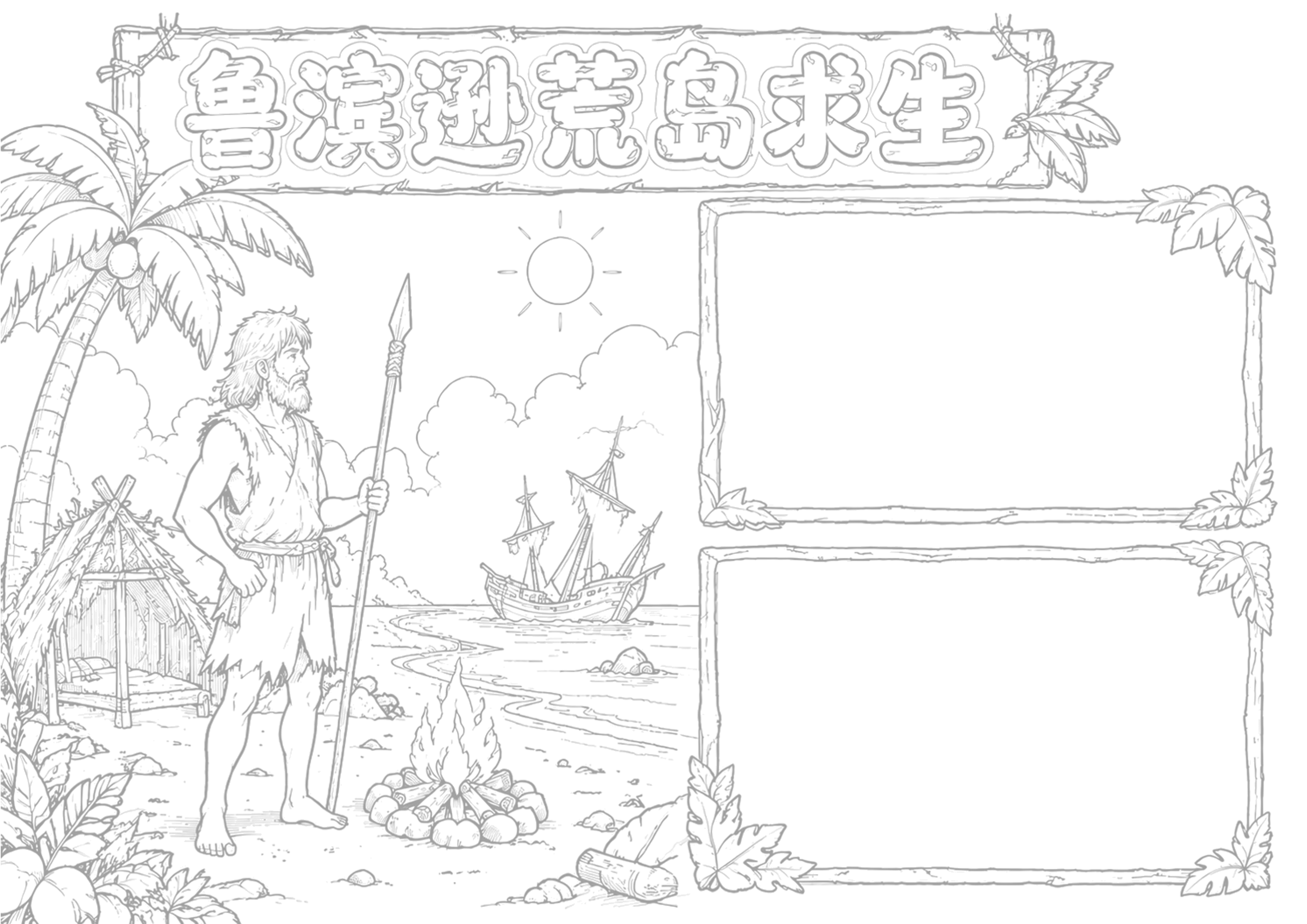 鲁滨逊荒岛求生记 | 小学语文名著阅读手抄报手抄报浅线稿