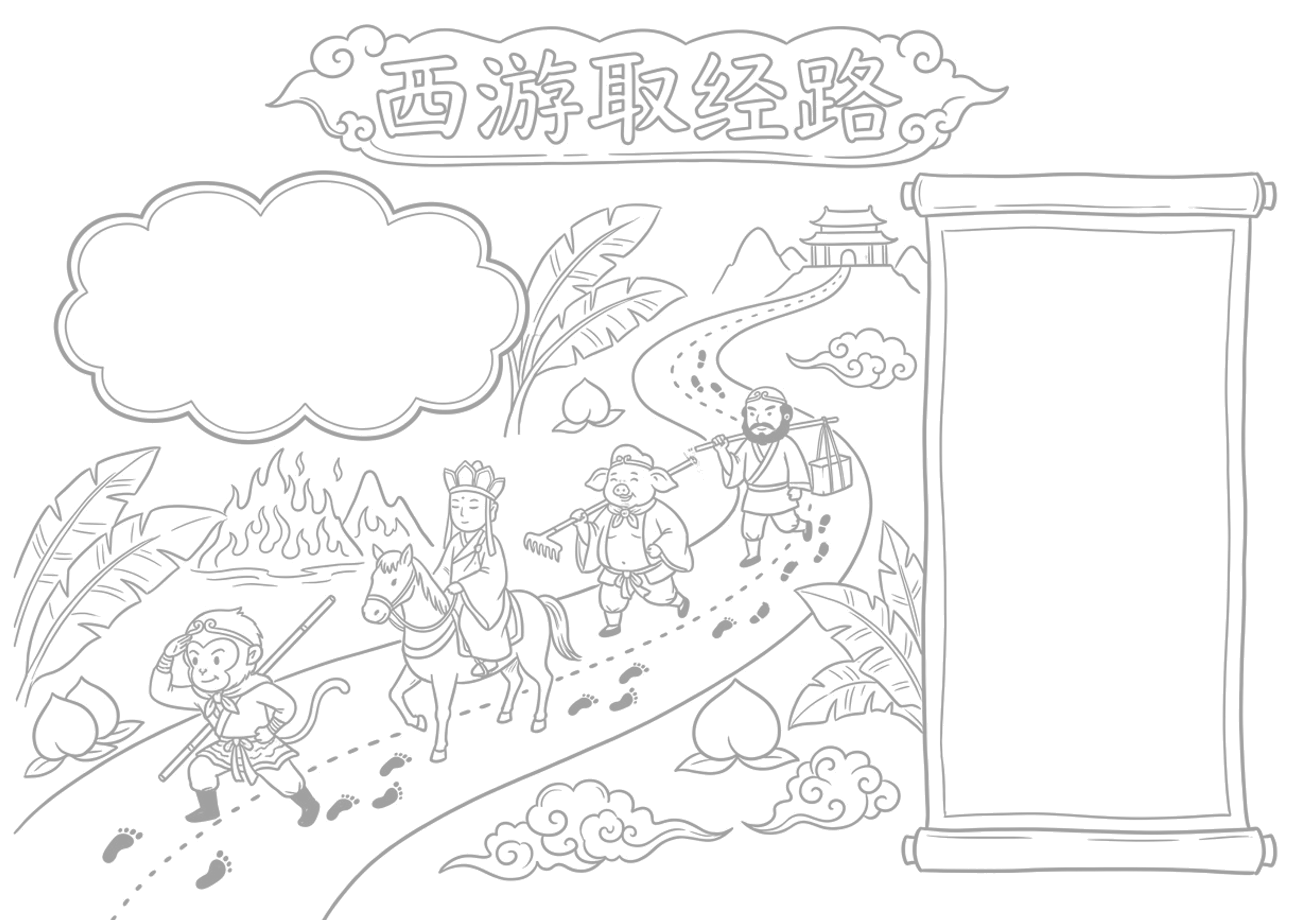 西游记取经路线图 | 小学语文名著阅读手抄报手抄报浅线稿
